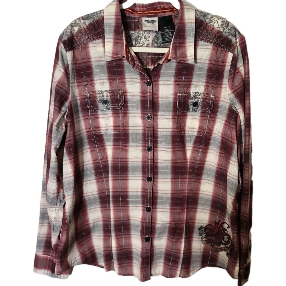 Harley Davidson Womens 2XL Plaid Button Shirt Embroidered Crowned Heart